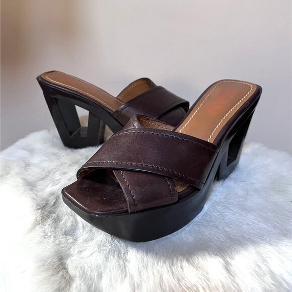 Michael Kors Brown Leather 70s Retro "Dizzy" Platform Sandals Chunky Heels 7.5 - Picture 1 of 10